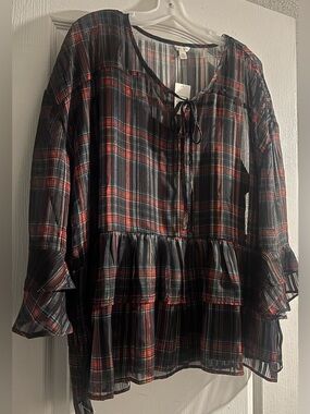 Cato Black & Red Plaid Peplum Tie-Neck Tunic